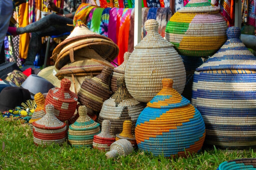 Woven baskets are displayed for sale.